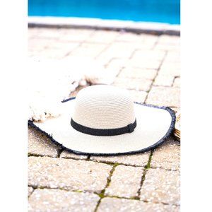 Straw Sun Hat. White & Navy Blue. Raffia Band. NWT